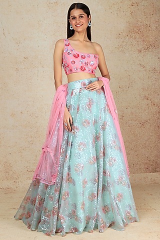 Powder Blue Printed Lehenga Set by Megha Kapoor Label