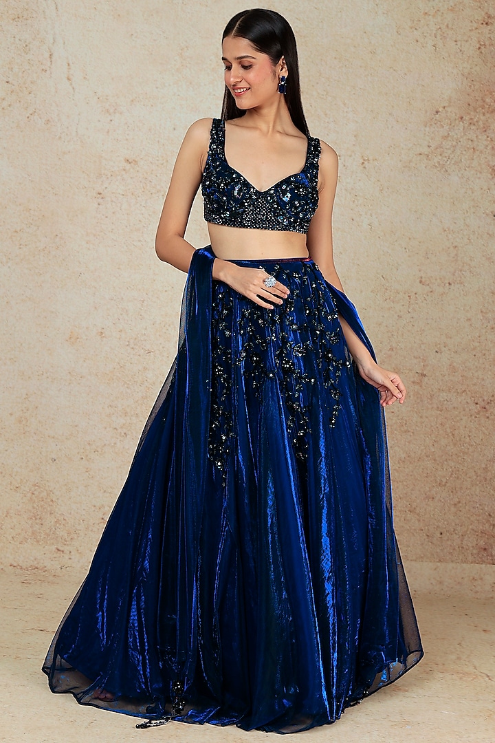 Royal Blue Shimmer Net Lehenga Set by Megha Kapoor Label