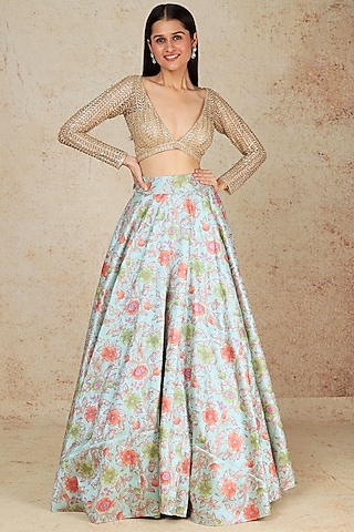 Powder Blue Floral Printed Lehenga Set by Megha Kapoor Label