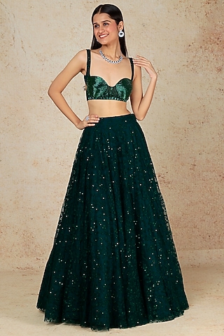 Bottle Green Polyester Rayon Lehenga Set by Megha Kapoor Label