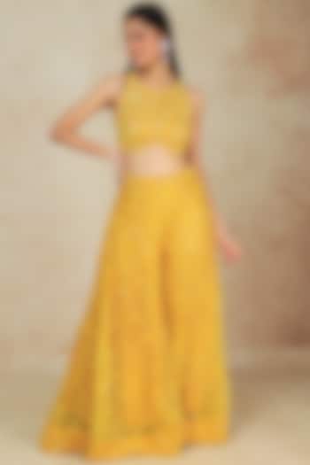 Yellow Embroidered Sharara Set by Megha Kapoor Label