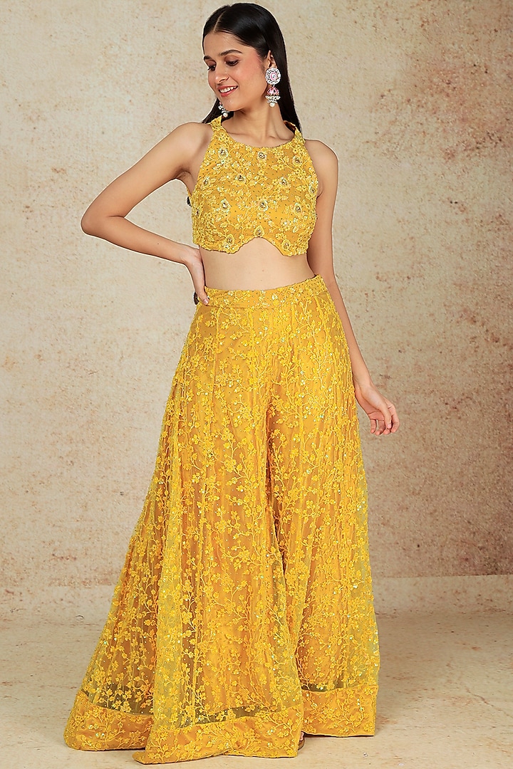 Yellow Embroidered Sharara Set by Megha Kapoor Label