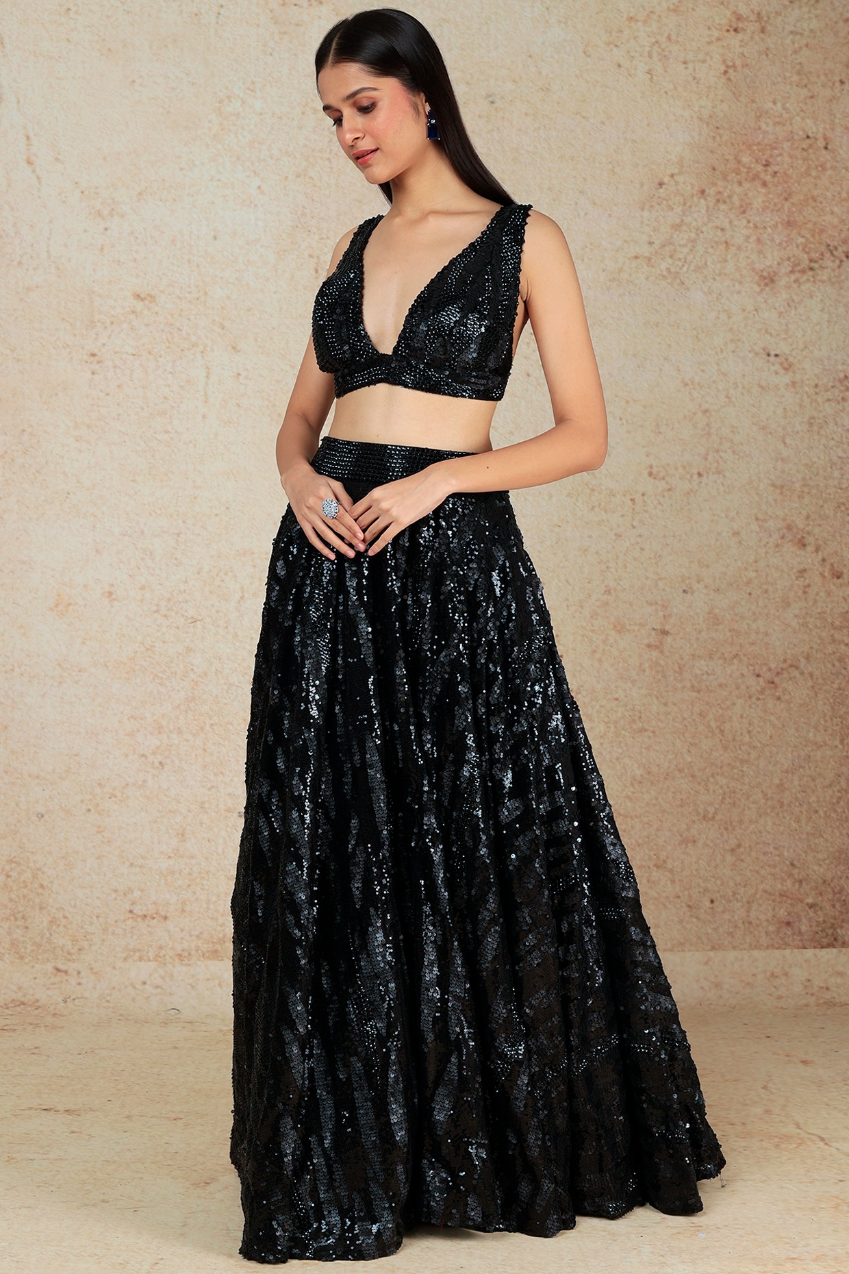 Buy Black Sequins Embroidered Net Party Wear Lehenga Online | Samyakk