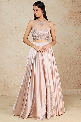 Blush Pink Lehenga Set In Polyester by Megha Kapoor Label