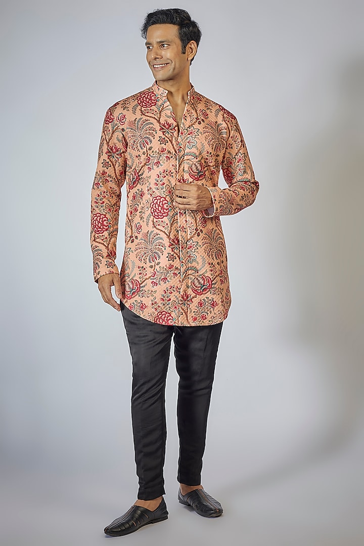 Peach Georgette Floral Printed Quilted Kurta Set by Megha Kapoor Label Men at Pernia's Pop Up Shop