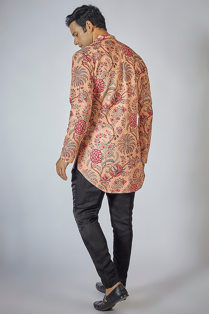 Peach Georgette Floral Printed Quilted Kurta Set by Megha Kapoor Label Men at Pernia's Pop Up Shop