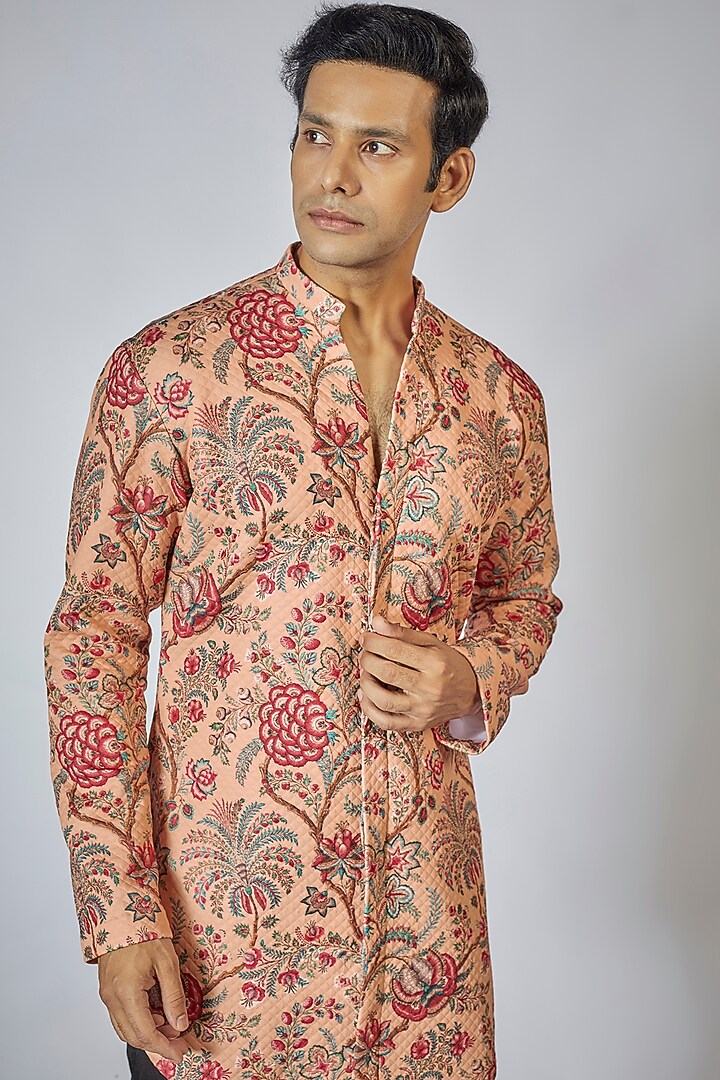 Peach Georgette Floral Printed Quilted Kurta Set by Megha Kapoor Label Men at Pernia's Pop Up Shop