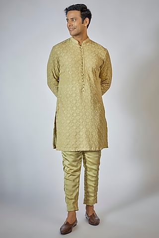 Sage Green Chikankari Embroidered Kurta Set by Megha Kapoor Label Men