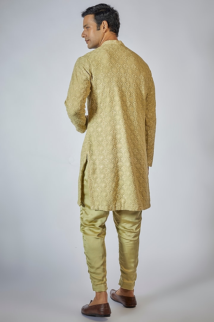 Sage Green Chikankari Embroidered Kurta Set by Megha Kapoor Label Men at Pernia's Pop Up Shop