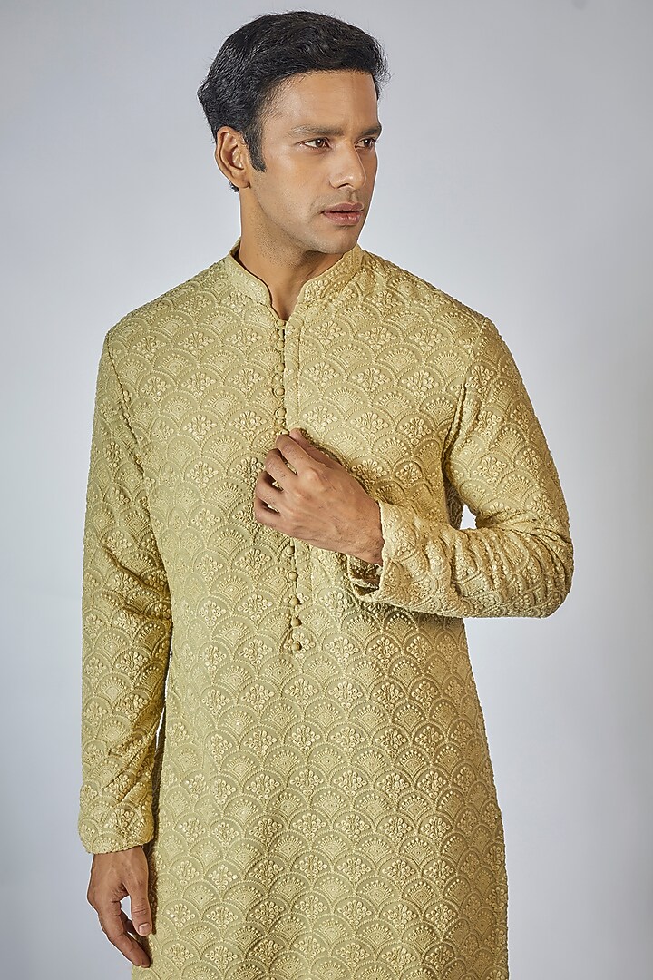 Sage Green Chikankari Embroidered Kurta Set by Megha Kapoor Label Men at Pernia's Pop Up Shop