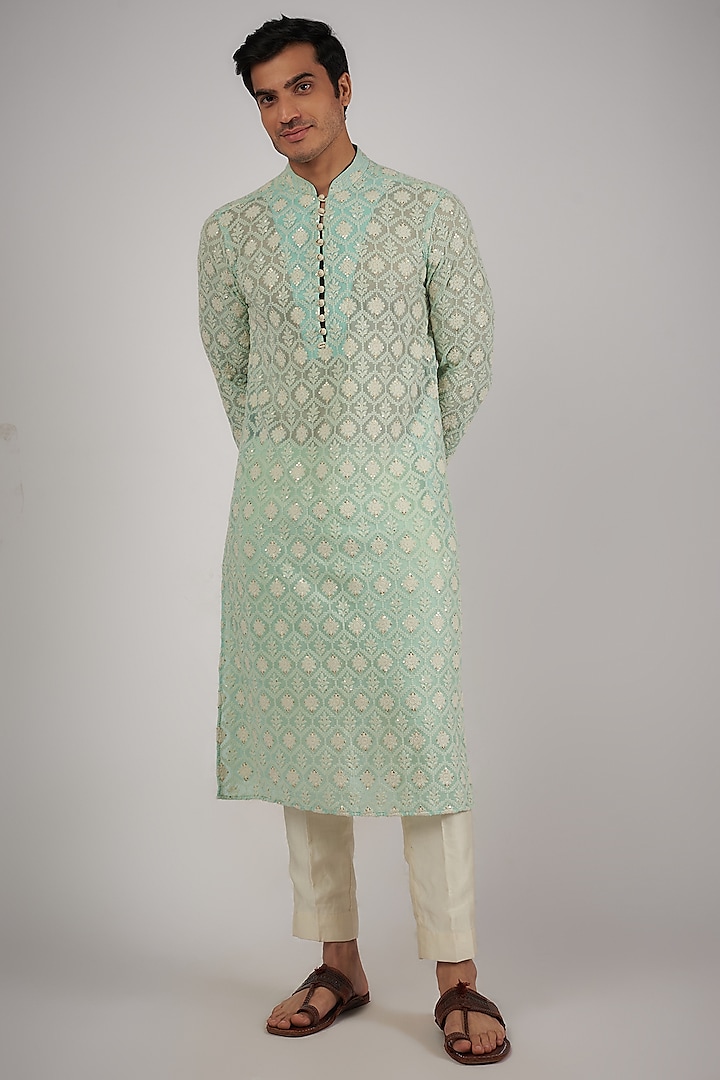 Turquoise Chikankari Sequin Embroidered Kurta Set by Megha Kapoor Label Men