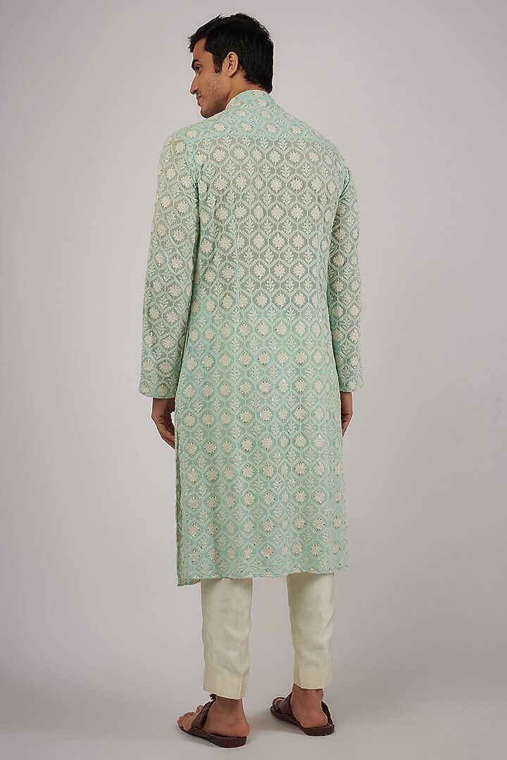 Turquoise Chikankari Sequin Embroidered Kurta Set by Megha Kapoor Label Men at Pernia's Pop Up Shop