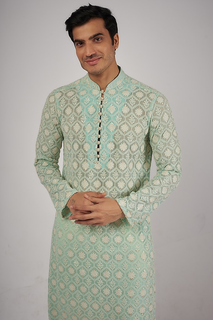 Turquoise Chikankari Sequin Embroidered Kurta Set by Megha Kapoor Label Men at Pernia's Pop Up Shop