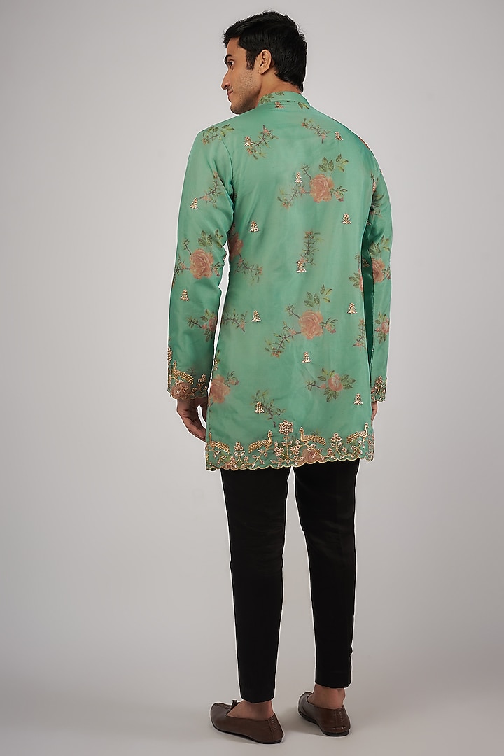 Teal Organza Floral Printed & Embroidered Kurta Set by Megha Kapoor Label Men at Pernia's Pop Up Shop