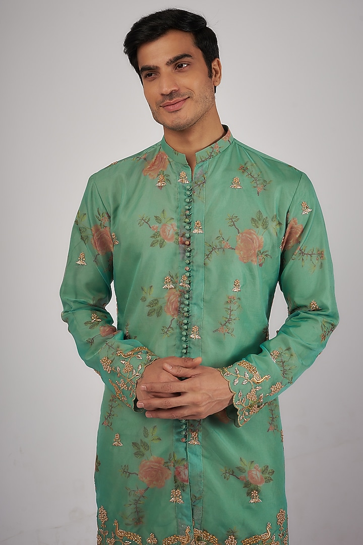 Teal Organza Floral Printed & Embroidered Kurta Set by Megha Kapoor Label Men at Pernia's Pop Up Shop