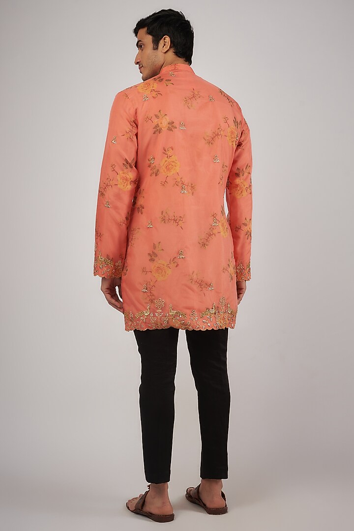 Peach Organza Floral Printed & Embroidered Kurta Set by Megha Kapoor Label Men at Pernia's Pop Up Shop