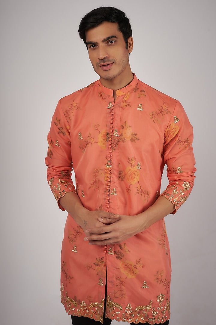 Peach Organza Floral Printed & Embroidered Kurta Set by Megha Kapoor Label Men at Pernia's Pop Up Shop