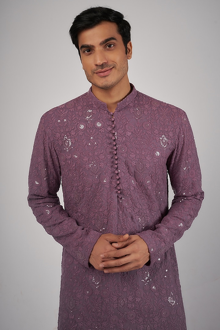 Purple Georgette Sequin Embroidered Kurta Set by Megha Kapoor Label Men at Pernia's Pop Up Shop