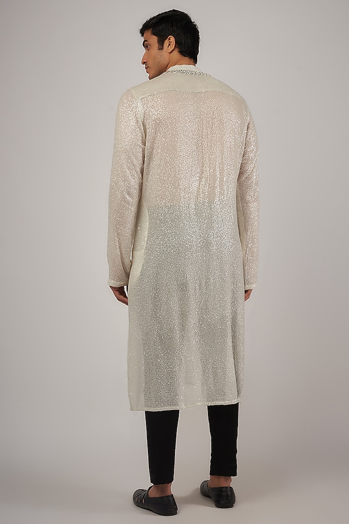 White Georgette Mirror Embroidered Kurta by Megha Kapoor Label Men at Pernia's Pop Up Shop