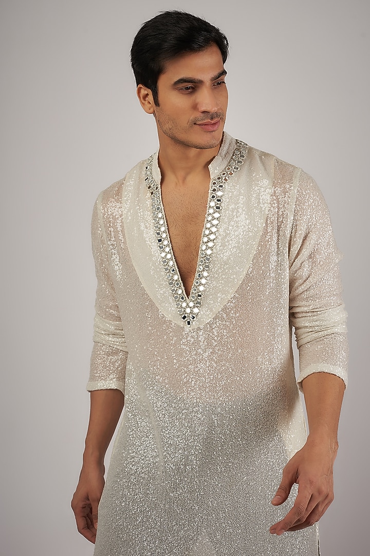 White Georgette Mirror Embroidered Kurta by Megha Kapoor Label Men at Pernia's Pop Up Shop