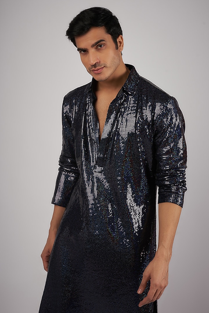 Navy Blue Georgette Kurta Set by Megha Kapoor Label Men at Pernia's Pop Up Shop