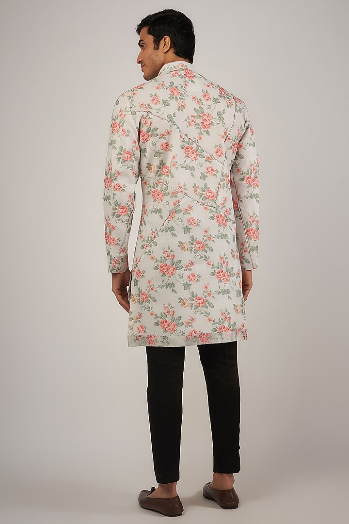 Light Grey Linen Floral Printed Kurta Set by Megha Kapoor Label Men at Pernia's Pop Up Shop