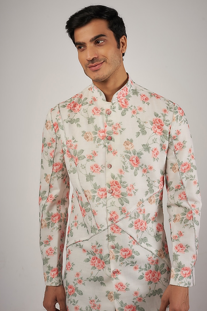 Light Grey Linen Floral Printed Kurta Set by Megha Kapoor Label Men at Pernia's Pop Up Shop