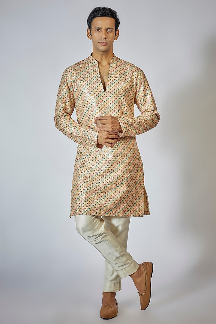 Gold Cotton Silk Thread Embroidered Kurta Set by Megha Kapoor Label Men