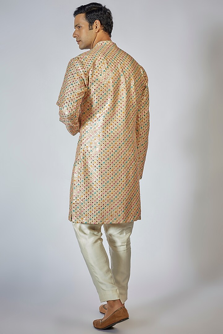 Gold Cotton Silk Thread Embroidered Kurta Set by Megha Kapoor Label Men at Pernia's Pop Up Shop