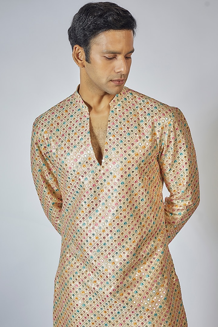 Gold Cotton Silk Thread Embroidered Kurta Set by Megha Kapoor Label Men at Pernia's Pop Up Shop