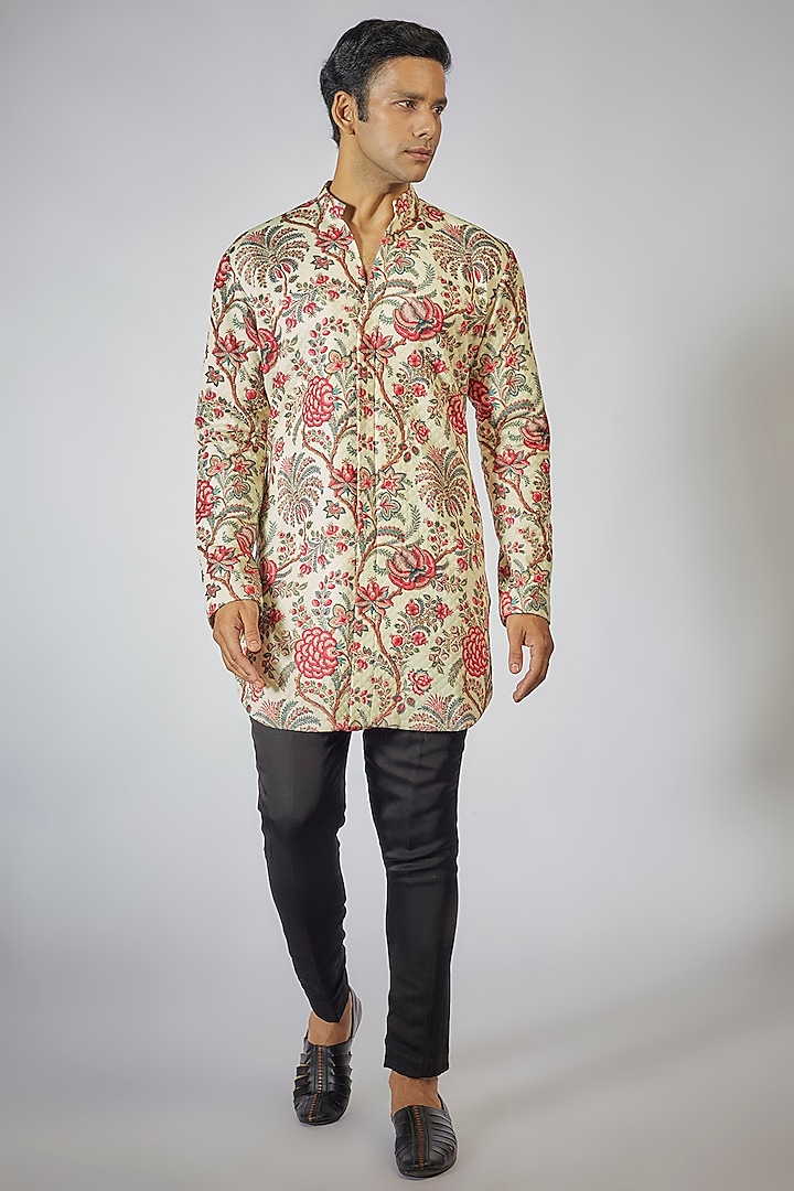 Cream Georgette Floral Printed Quilted Kurta Set by Megha Kapoor Label Men