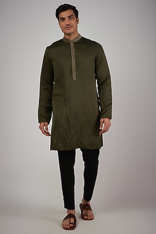 Olive Green Silk Cutdana Embroidered Kurta Set by Megha Kapoor Label Men