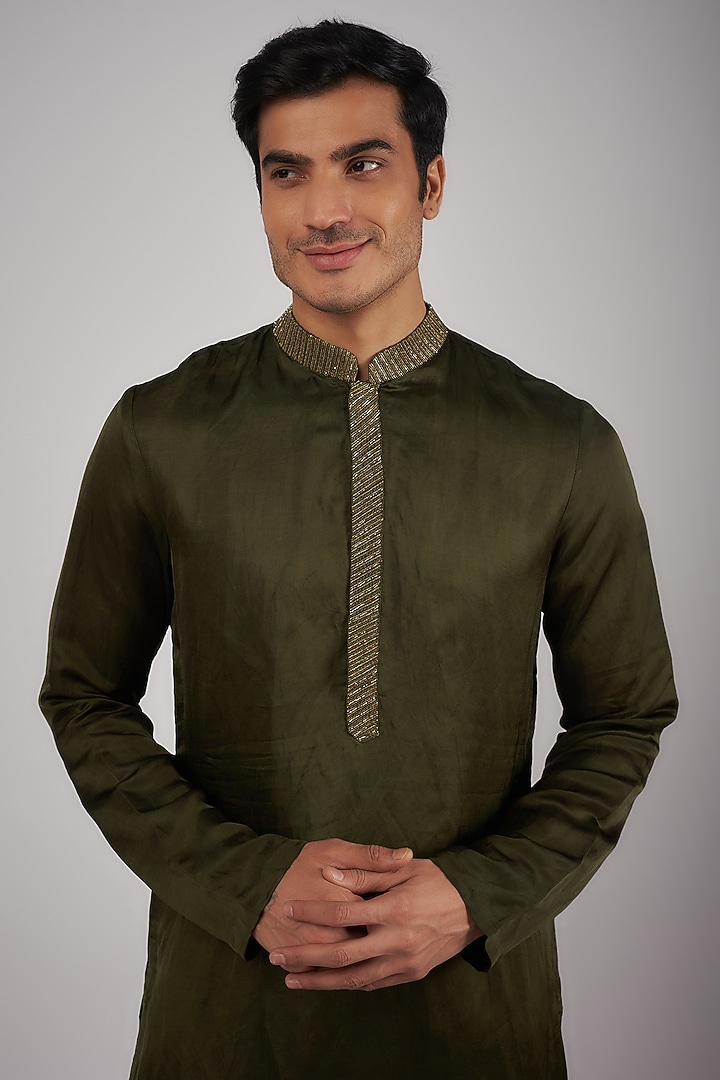 Olive Green Silk Cutdana Embroidered Kurta Set by Megha Kapoor Label Men at Pernia's Pop Up Shop