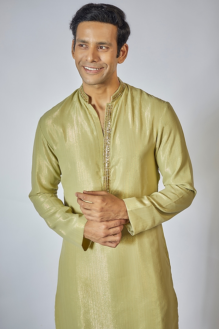 Green Georgette Embroidered Kurta Set by Megha Kapoor Label Men at Pernia's Pop Up Shop