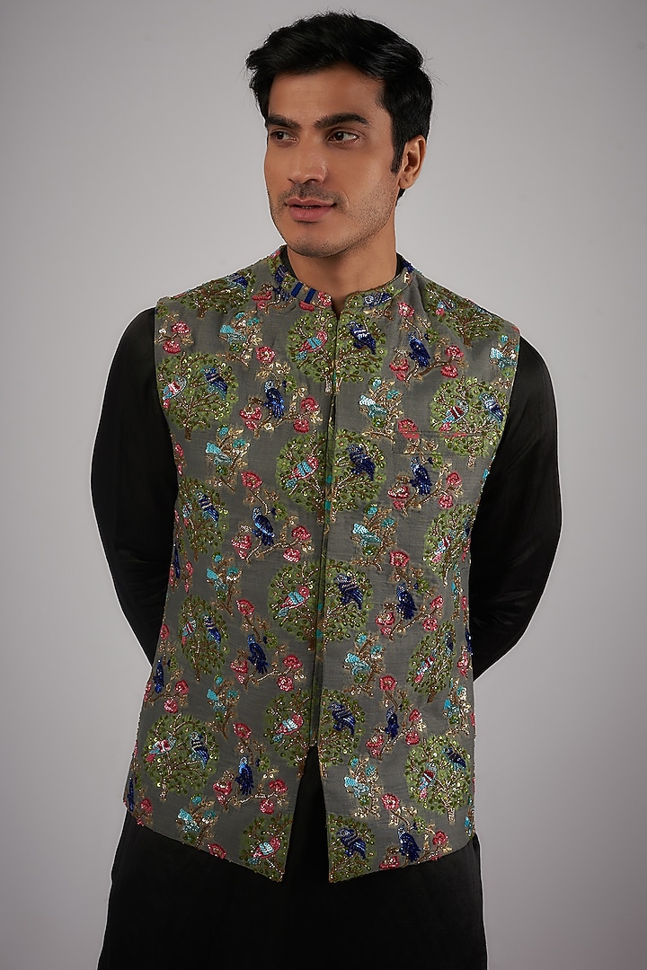 Grey Banarasi Printed & Cutdana Embroidered Bundi Jacket by Megha Kapoor Label Men at Pernia's Pop Up Shop