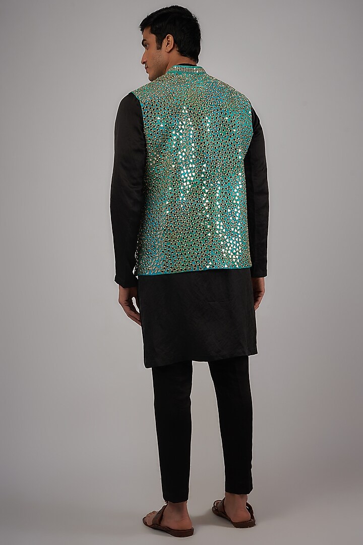 Blue Banarasi Mirror Embroidered Bundi Jacket by Megha Kapoor Label Men at Pernia's Pop Up Shop