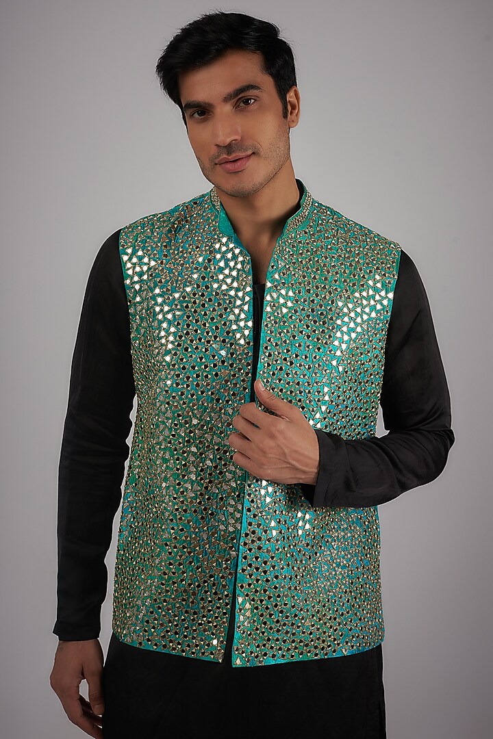 Blue Banarasi Mirror Embroidered Bundi Jacket by Megha Kapoor Label Men at Pernia's Pop Up Shop
