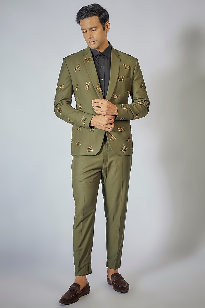 Olive Green Suit Blazer Set by Megha Kapoor Label Men