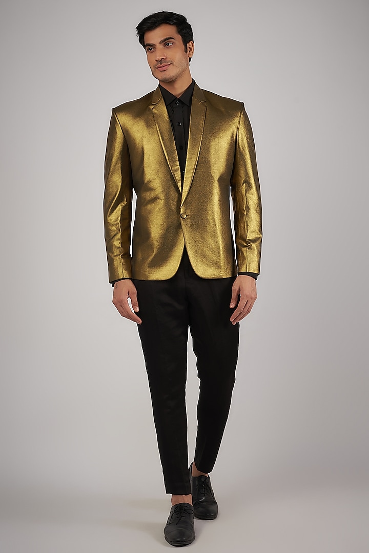 Gold Metallic Suiting Fabric Blazer by Megha Kapoor Label Men