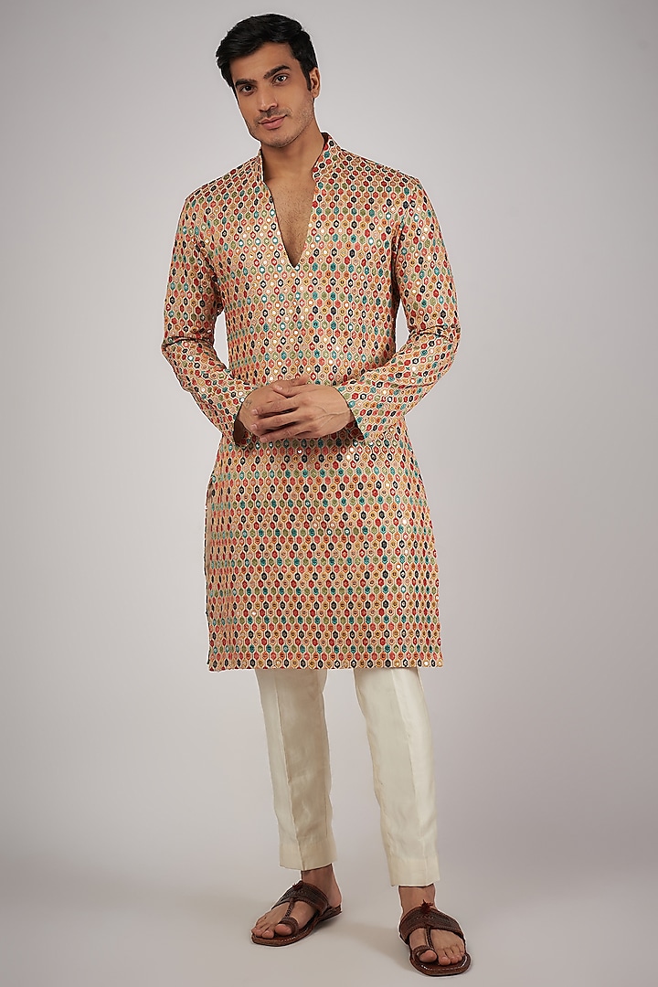 Multi-Colored Cotton Silk Thread Embroidered Kurta by Megha Kapoor Label Men
