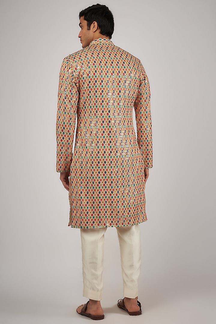 Multi-Colored Cotton Silk Thread Embroidered Kurta by Megha Kapoor Label Men at Pernia's Pop Up Shop