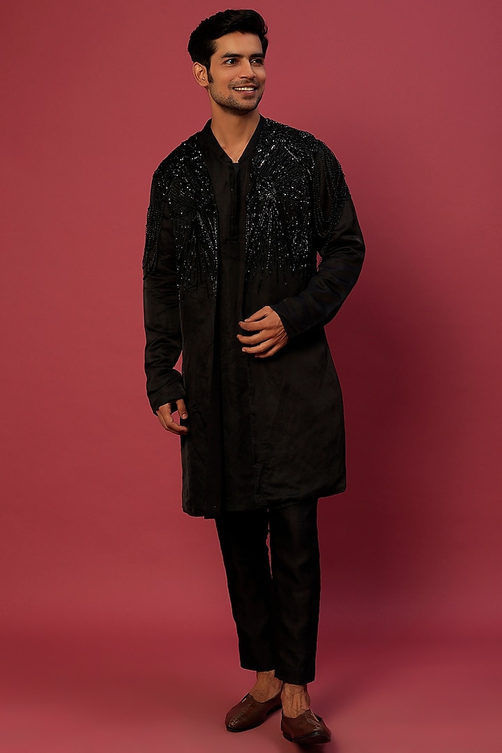 Black Embroidered Open Jacket Set by Megha Kapoor Label Men