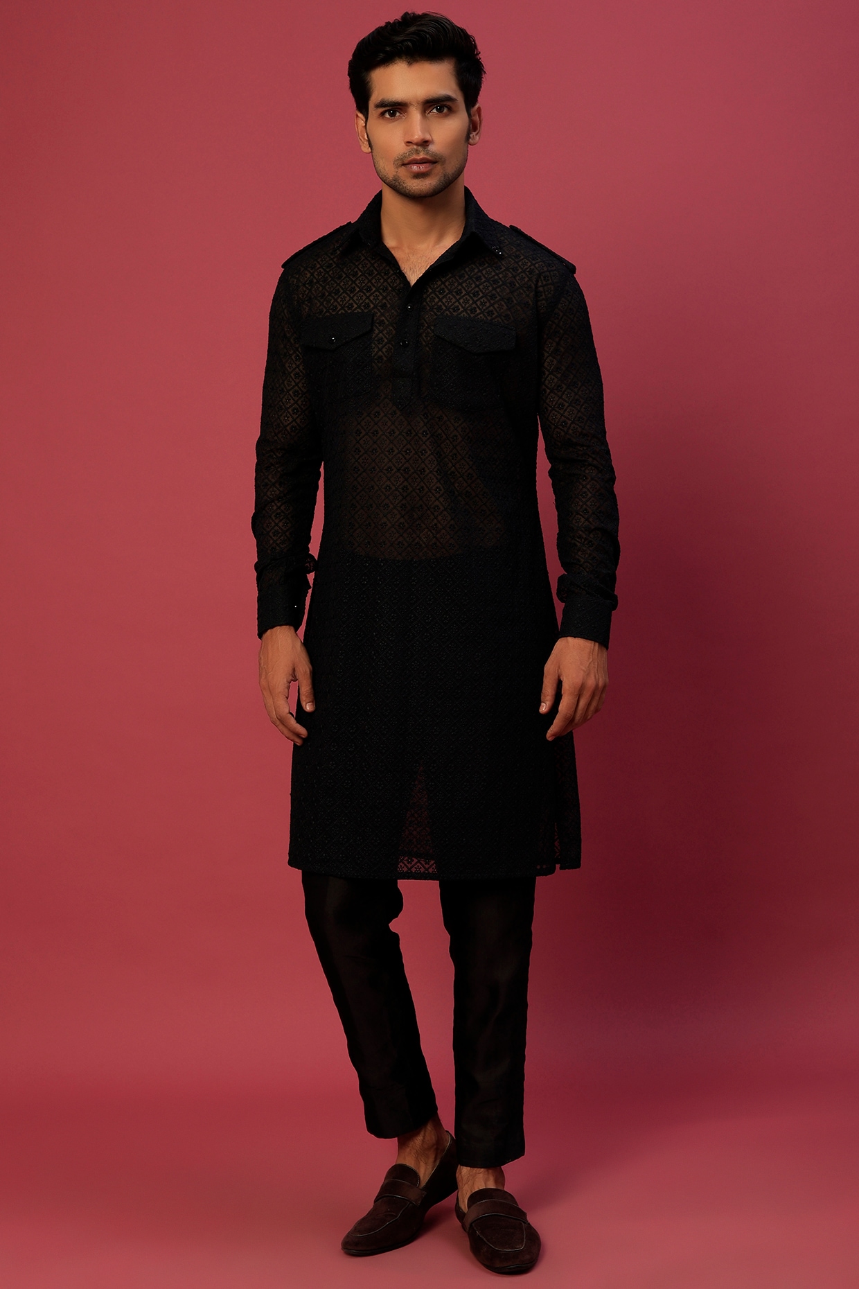 Black Chikankari Pathani Kurta Set Design by Megha Kapoor Label