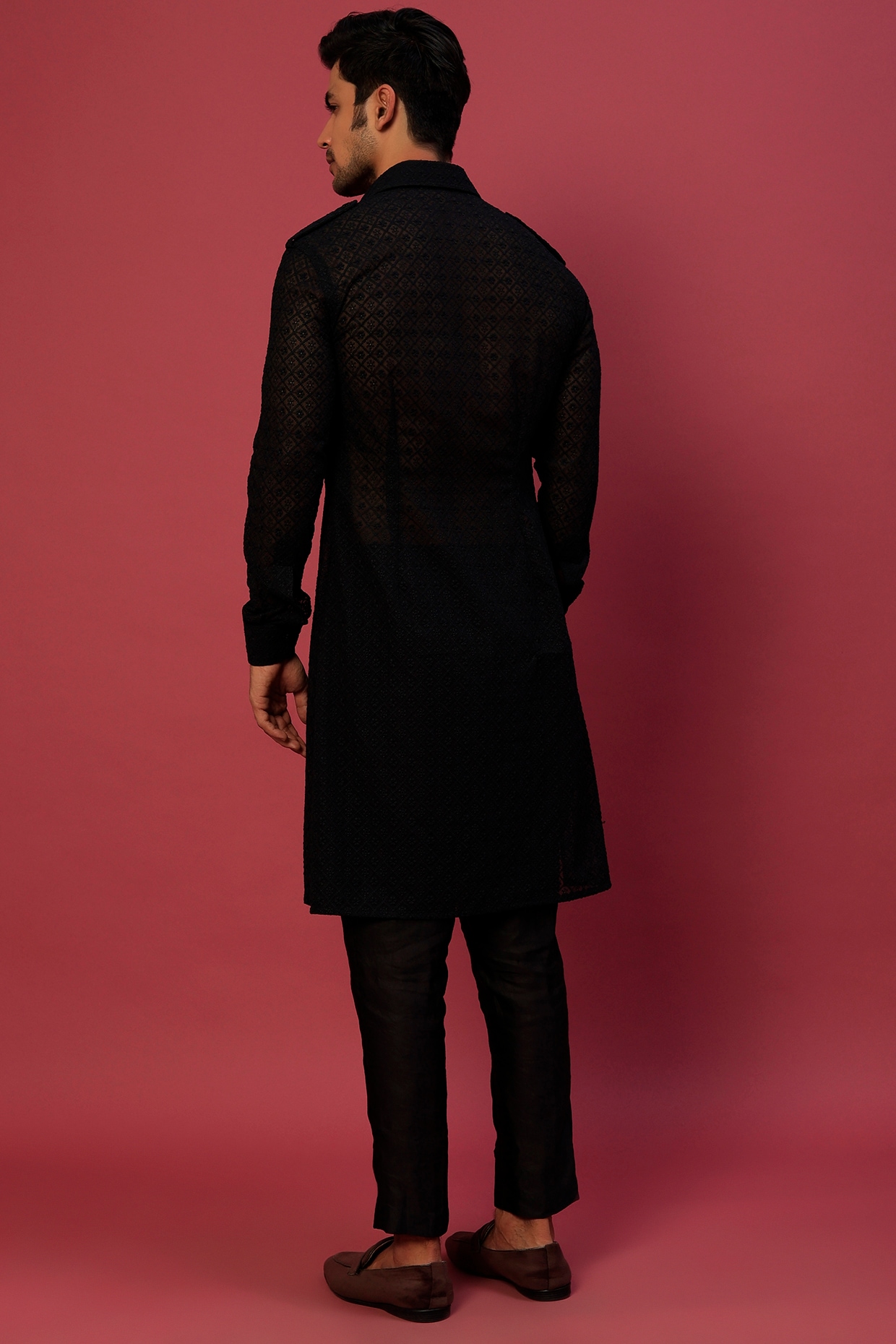 Woven Art Silk Jacquard Jacket Style Sherwani in Black : MHG2509