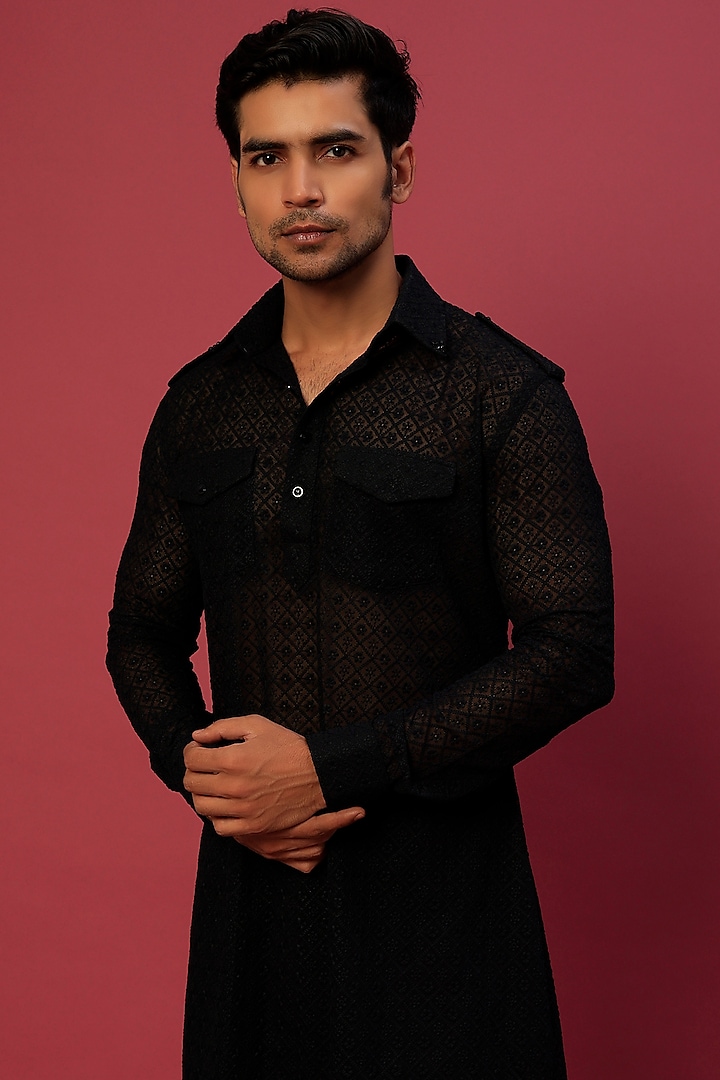 Black Chikankari Pathani Kurta Set by Megha Kapoor Label Men at Pernia's  Pop Up Shop