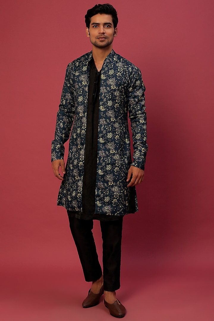 Neon & Blue Floral Open Indowestern Jacket by Megha Kapoor Label Men