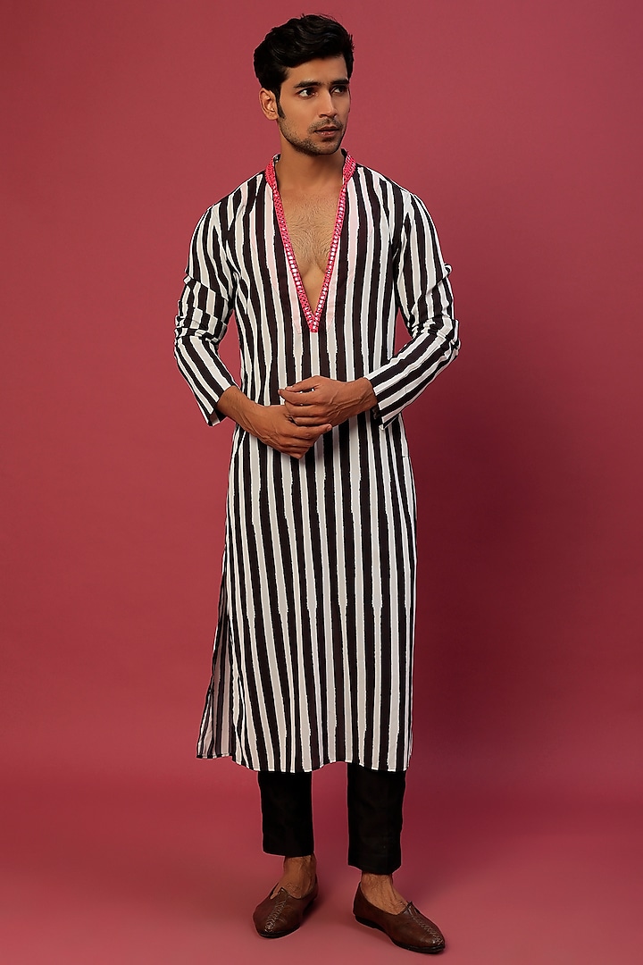 Black & White Striped Kurta by Megha Kapoor Label Men