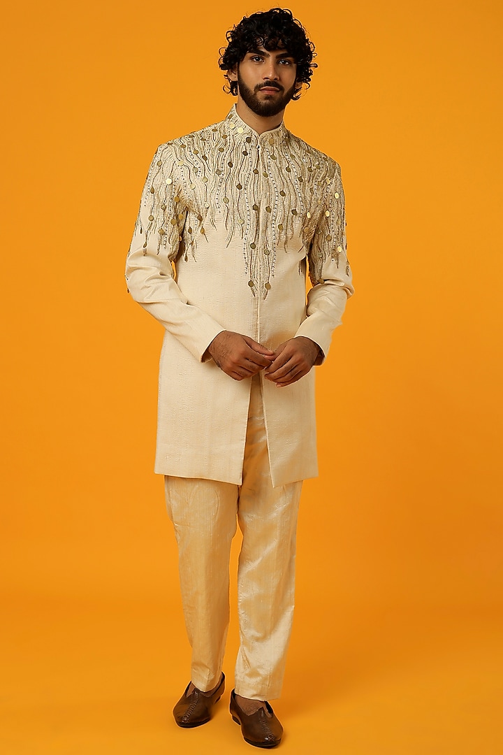 Gold Silk Sherwani Set by Megha Kapoor Label Men