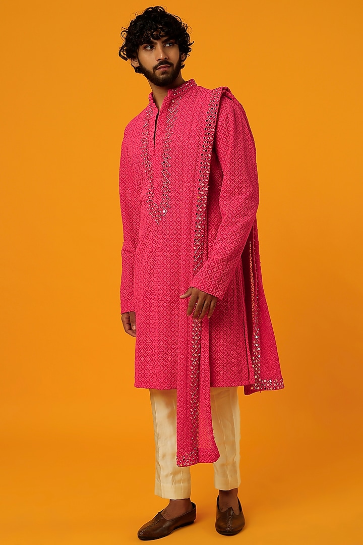 Pink Chikankari Kurta Set by Megha Kapoor Label Men