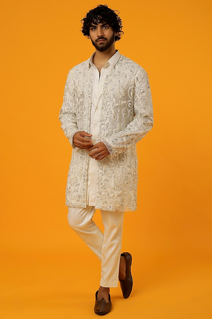 White Net Indowestern Jacket Set by Megha Kapoor Label Men